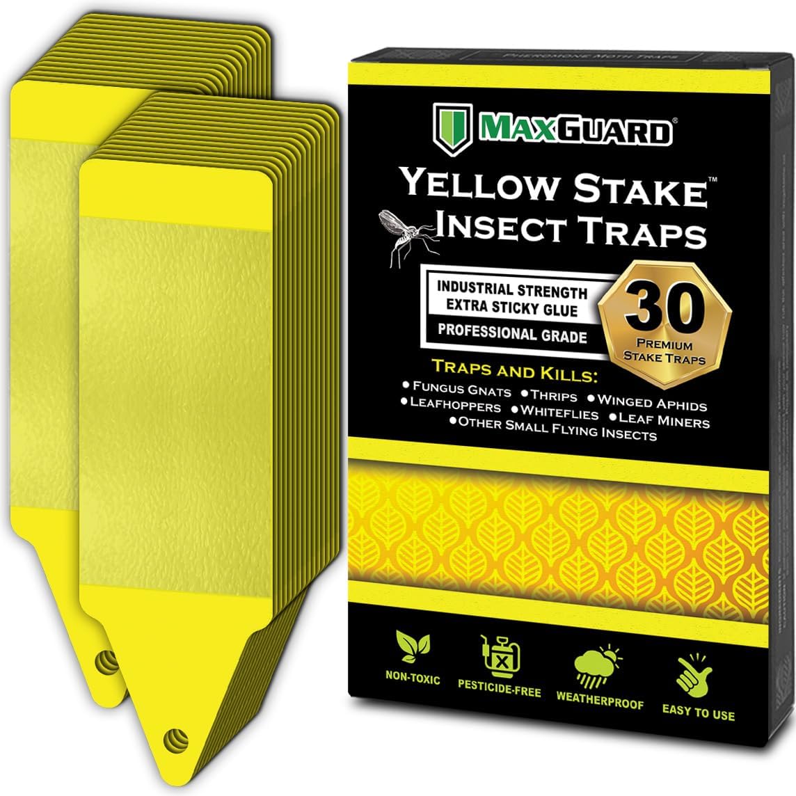 MAXGUARD (30 Pack) Yellow Stake Sticky Insect/Bug Traps - Catch and Kill Fungus Gnats, Whiteflies, Mosquitos